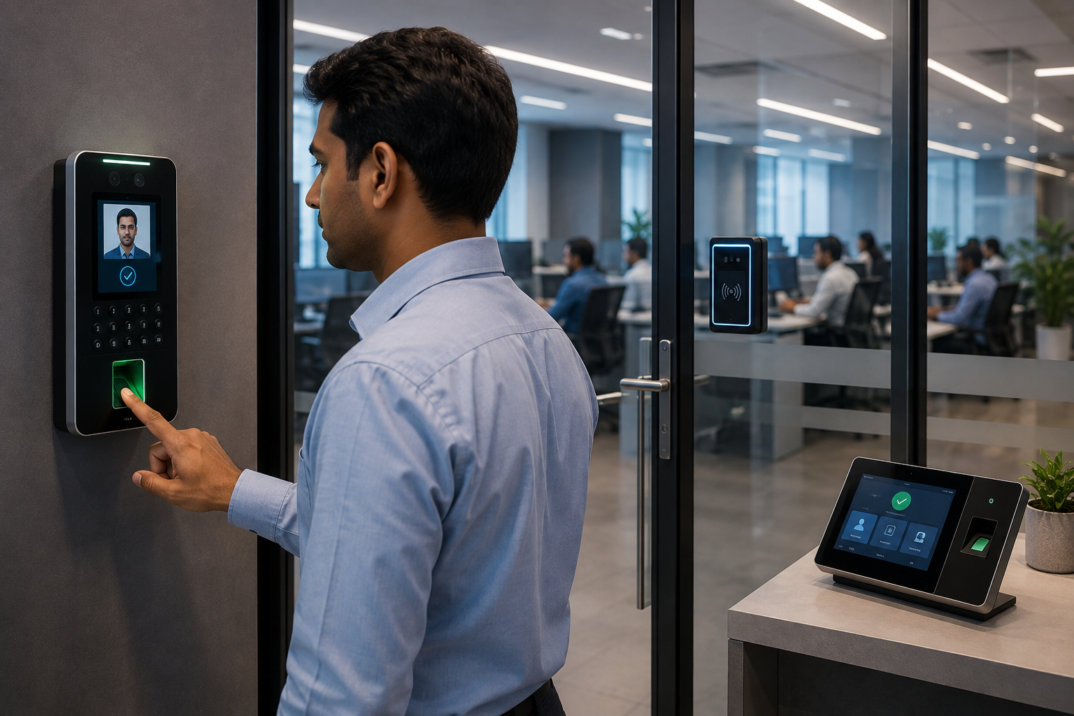Employee using a biometric access reader at an office door